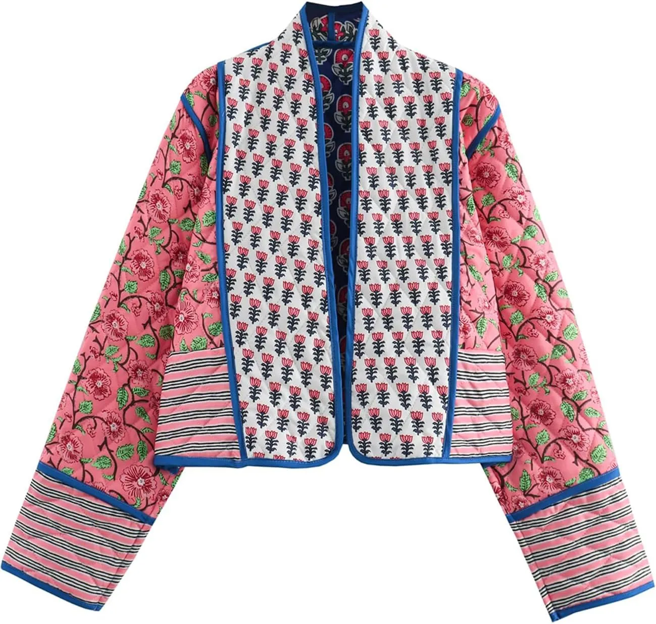 Flygo Women Cropped Puffer Jacket Cardigan Floral Printed Quilted Coats Lightweight Open Front Crop Padded Down Jackets