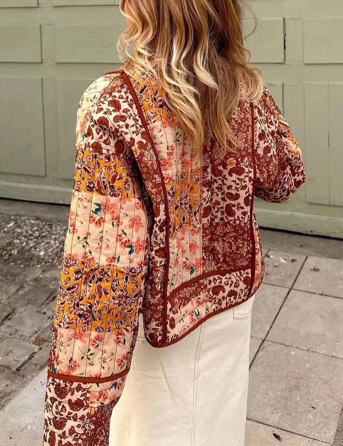 Flygo Women Cropped Puffer Jacket Cardigan Floral Printed Quilted Coats Lightweight Open Front Crop Padded Down Jackets