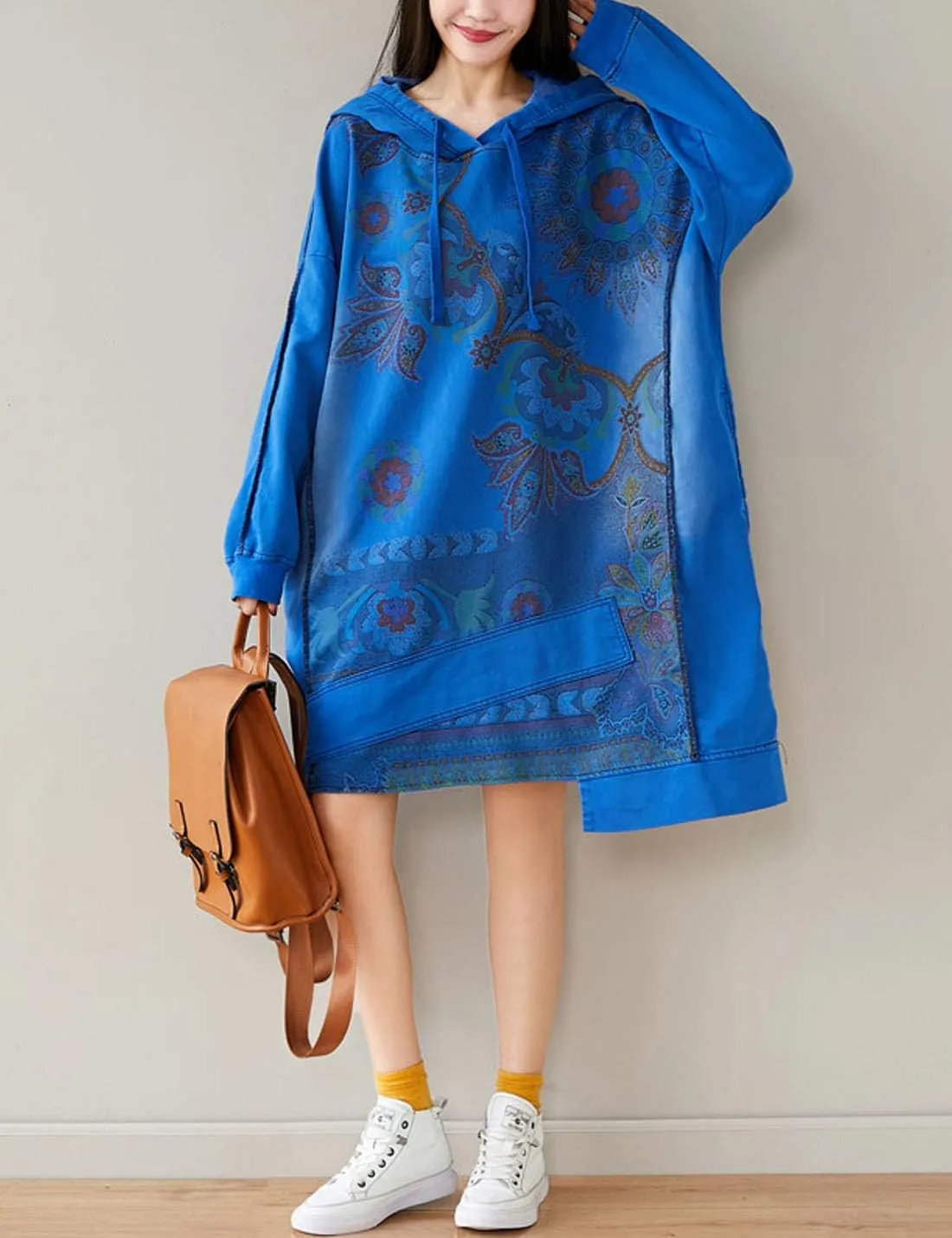 Flygo Women's Ethnic Boho Printed Oversized Baggy Long Hoodies Pullovers Sweatshirt