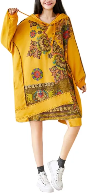 Flygo Women's Ethnic Boho Printed Oversized Baggy Long Hoodies Pullovers Sweatshirt