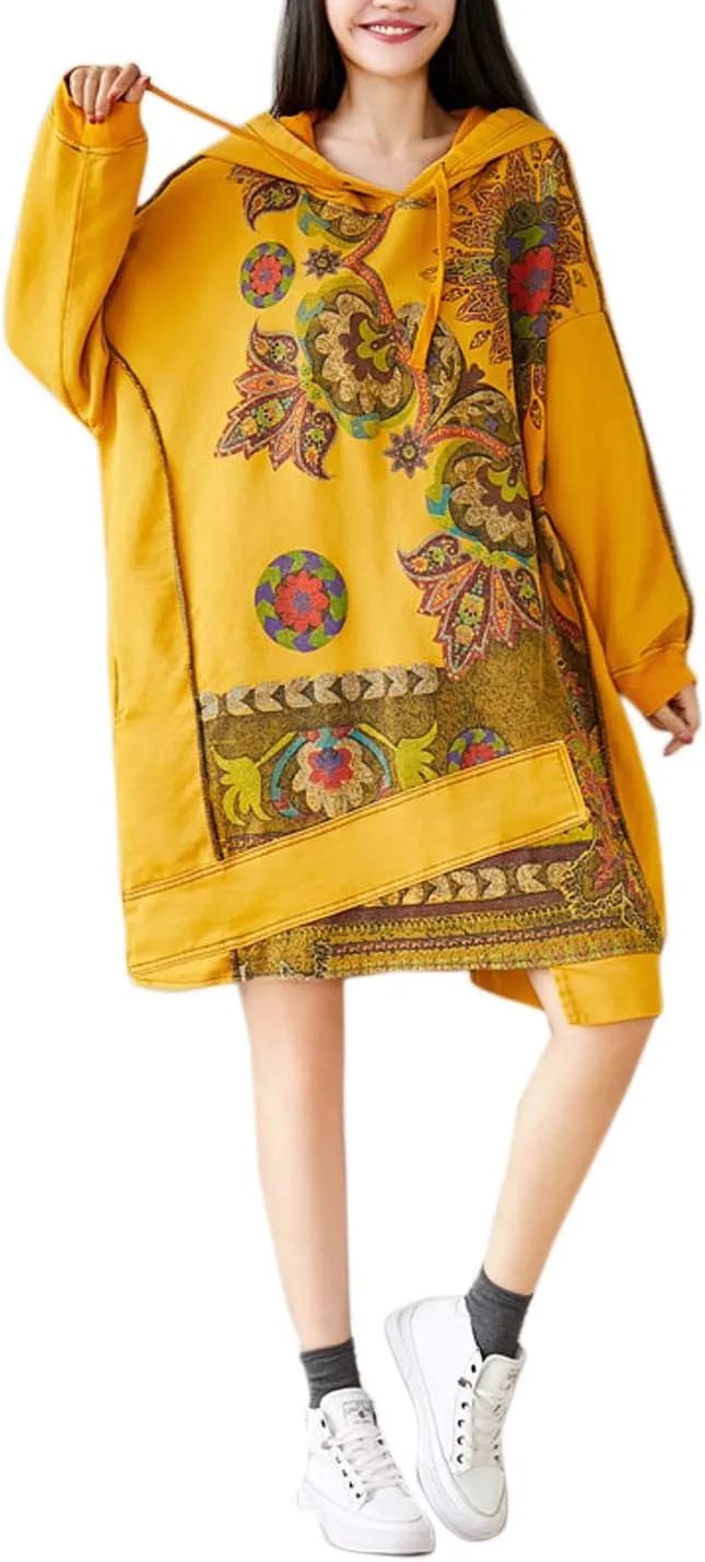 Flygo Women's Ethnic Boho Printed Oversized Baggy Long Hoodies Pullovers Sweatshirt