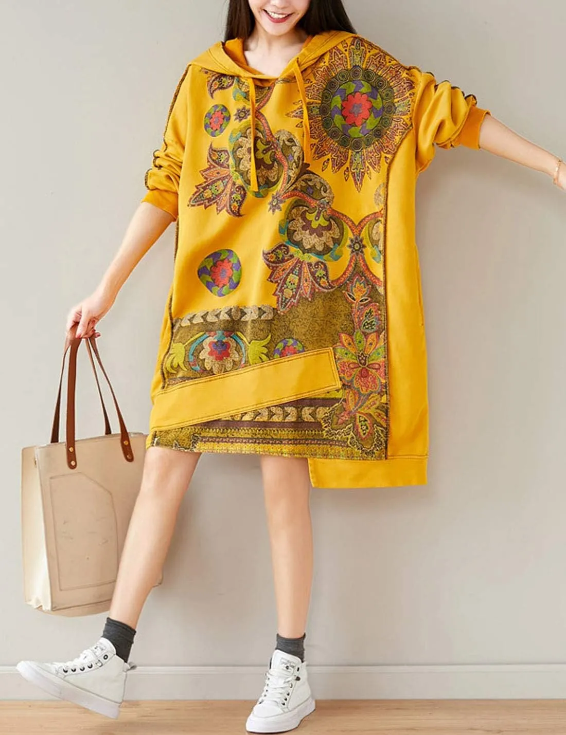 Flygo Women's Ethnic Boho Printed Oversized Baggy Long Hoodies Pullovers Sweatshirt