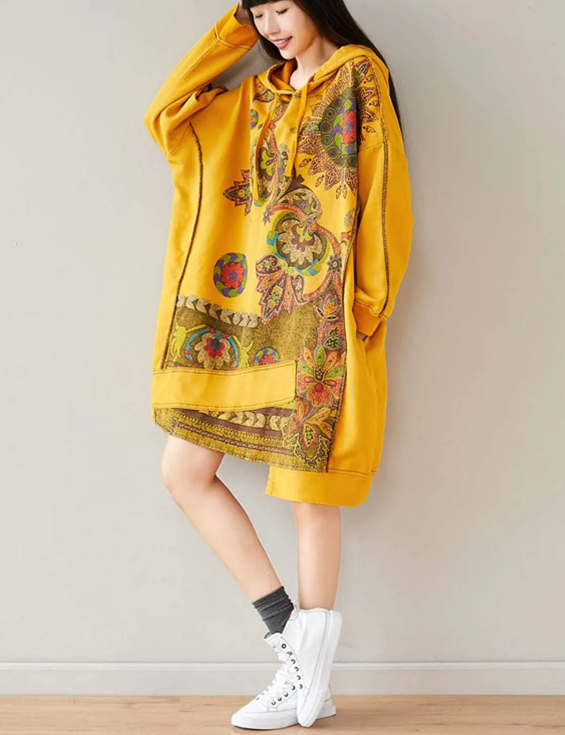 Flygo Women's Ethnic Boho Printed Oversized Baggy Long Hoodies Pullovers Sweatshirt