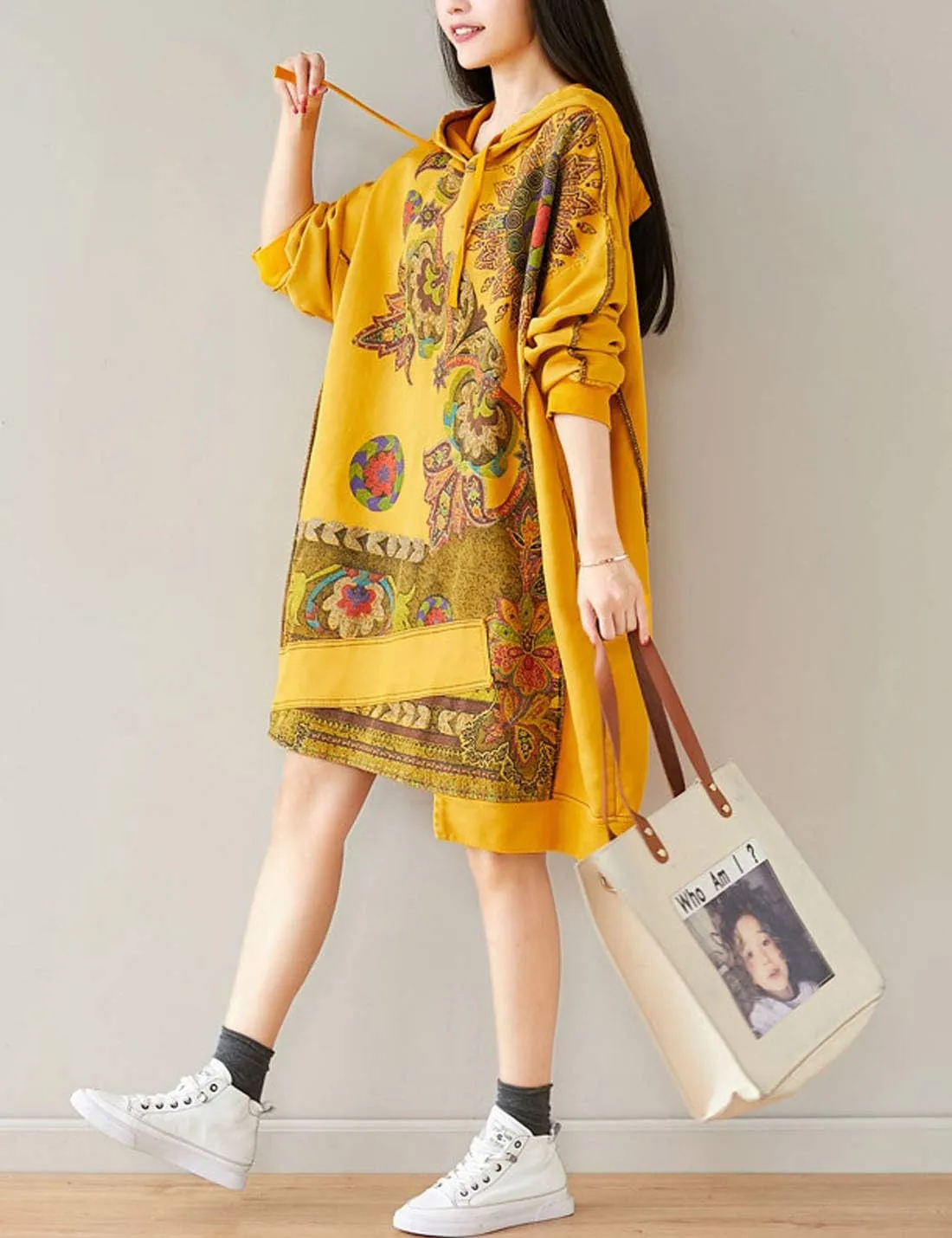 Flygo Women's Ethnic Boho Printed Oversized Baggy Long Hoodies Pullovers Sweatshirt