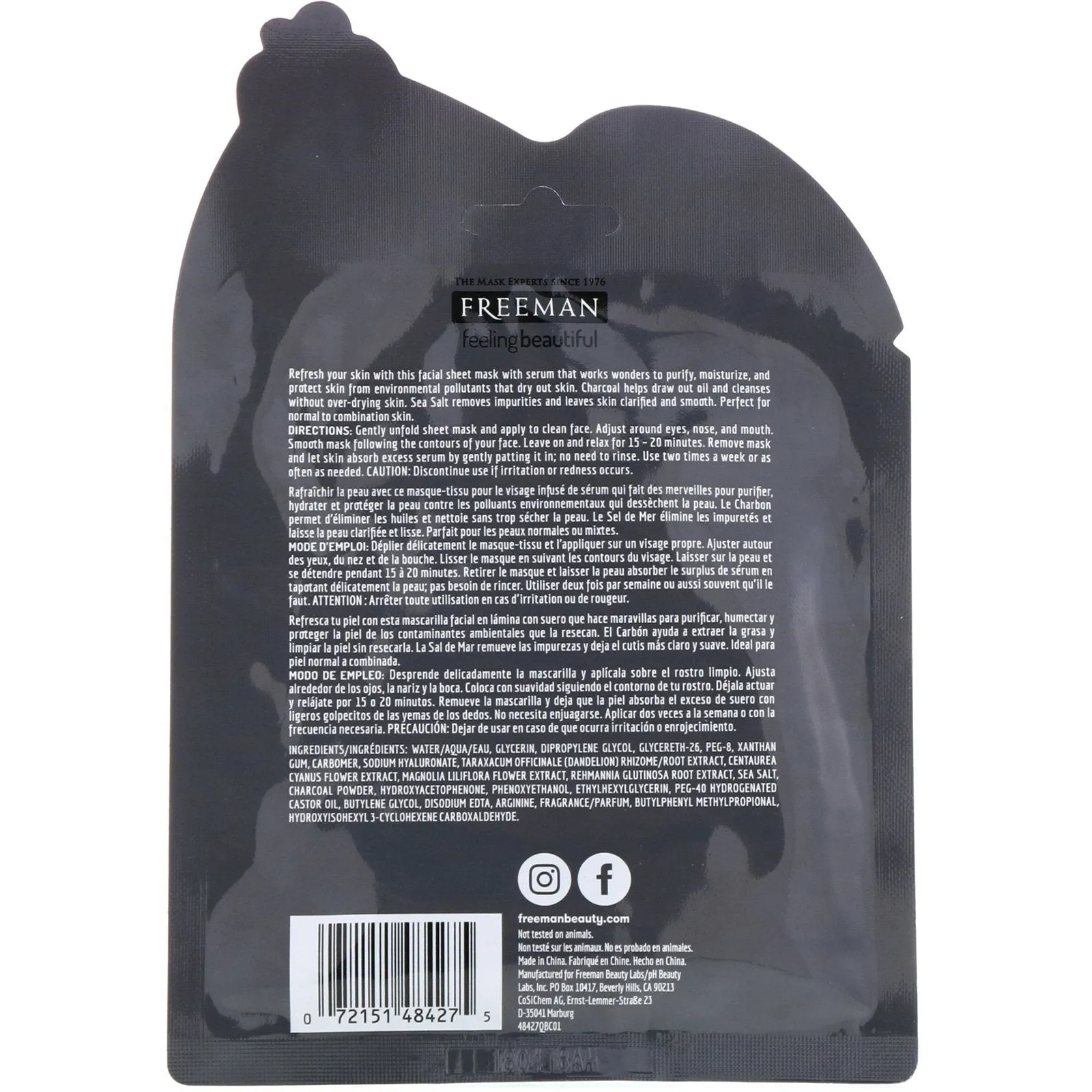 Freeman Beauty, Feeling Beautiful, Detoxifying Sheet Mask, Charcoal   Sea Salt, 1 Mask