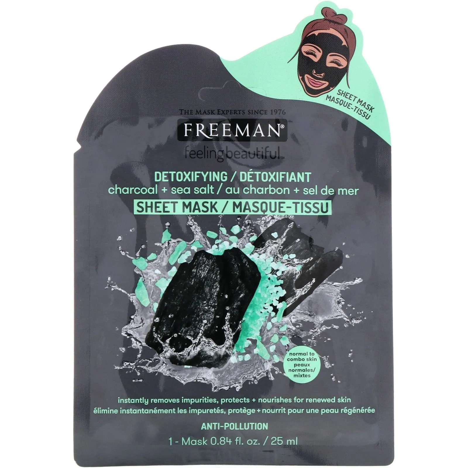 Freeman Beauty, Feeling Beautiful, Detoxifying Sheet Mask, Charcoal   Sea Salt, 1 Mask
