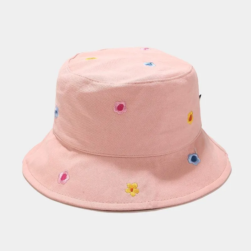 Fun Summer Flower Embroidery Outdoor Travel Bucket Hats