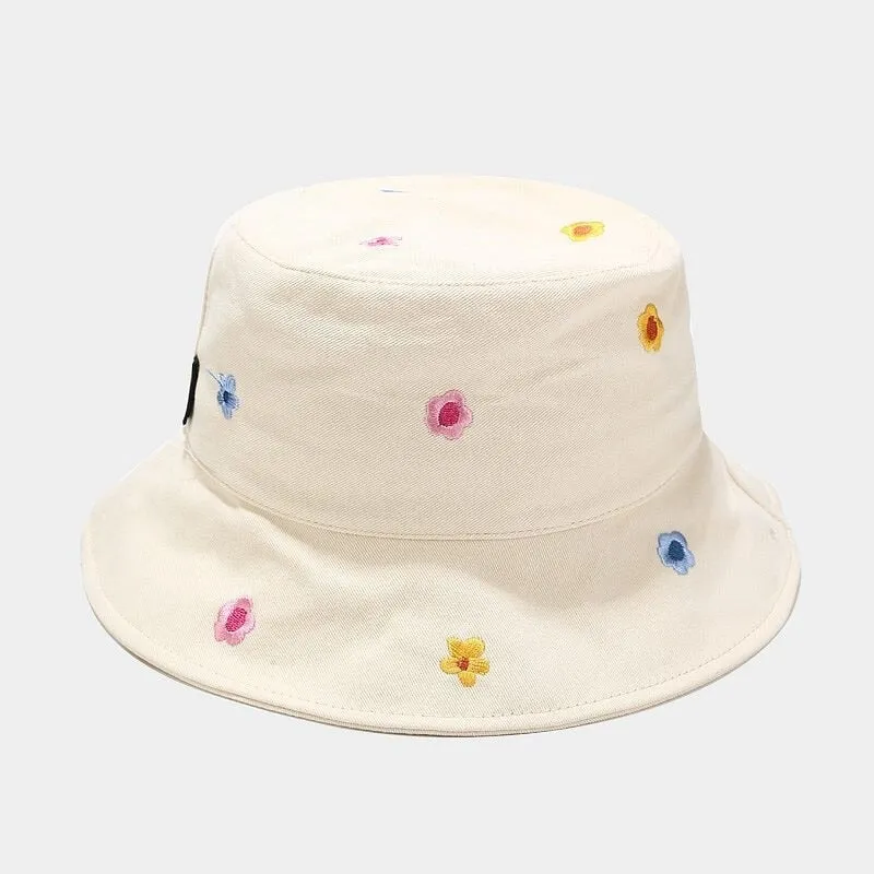 Fun Summer Flower Embroidery Outdoor Travel Bucket Hats