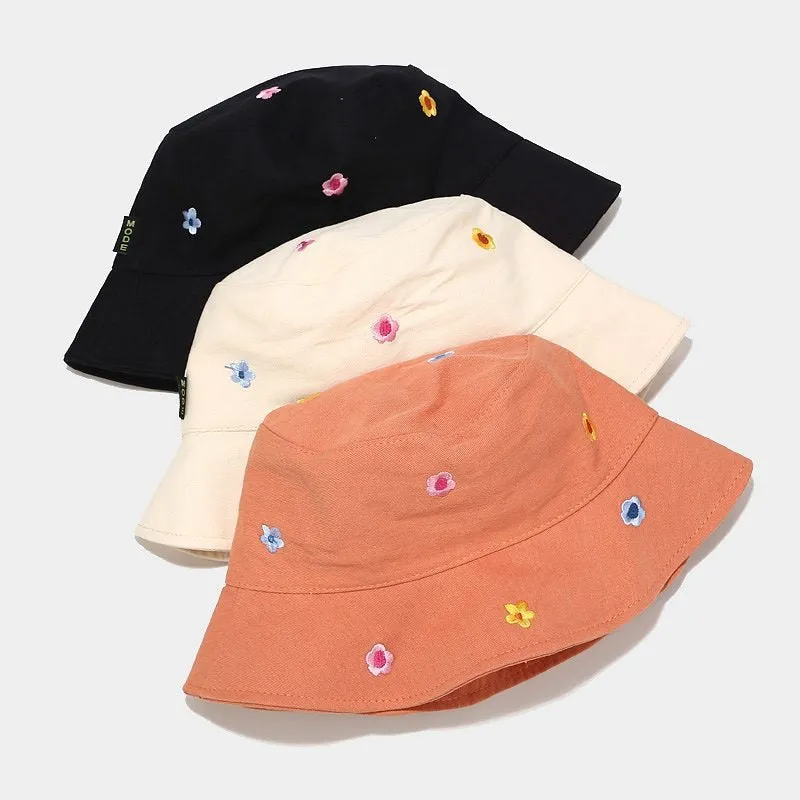 Fun Summer Flower Embroidery Outdoor Travel Bucket Hats