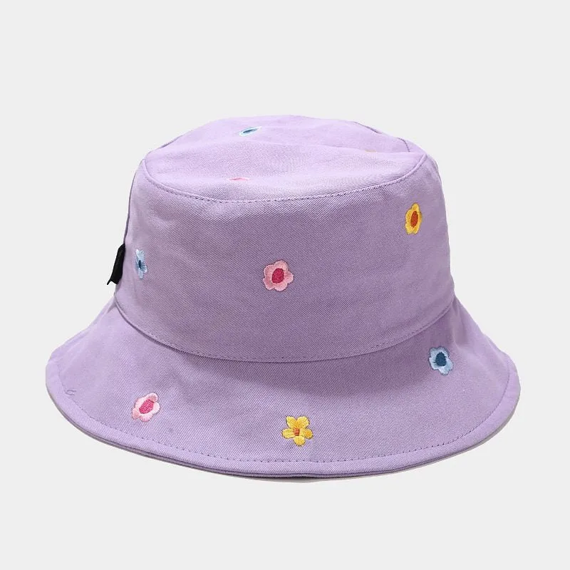 Fun Summer Flower Embroidery Outdoor Travel Bucket Hats