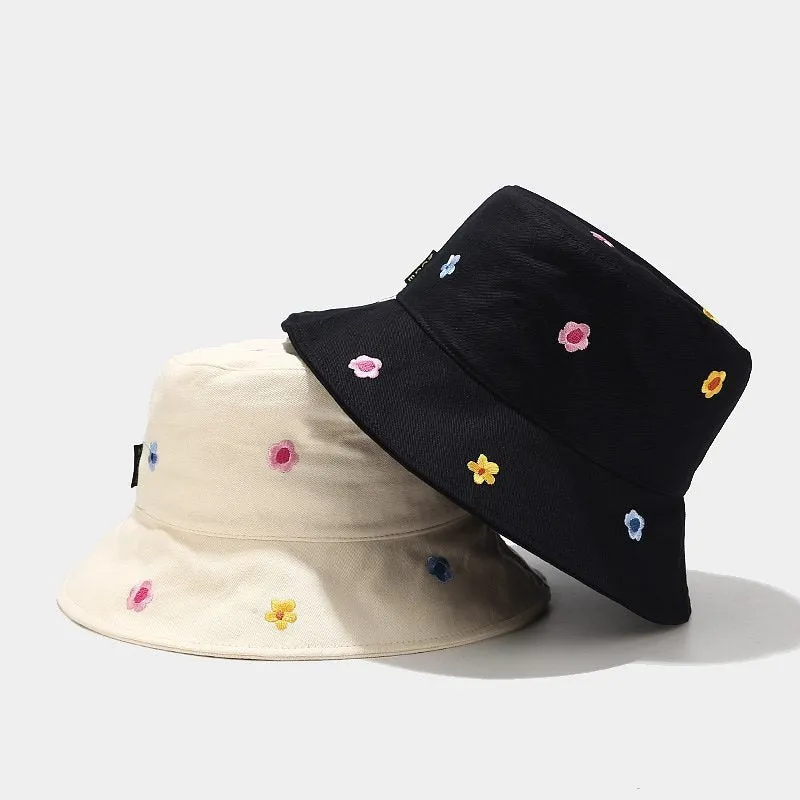 Fun Summer Flower Embroidery Outdoor Travel Bucket Hats