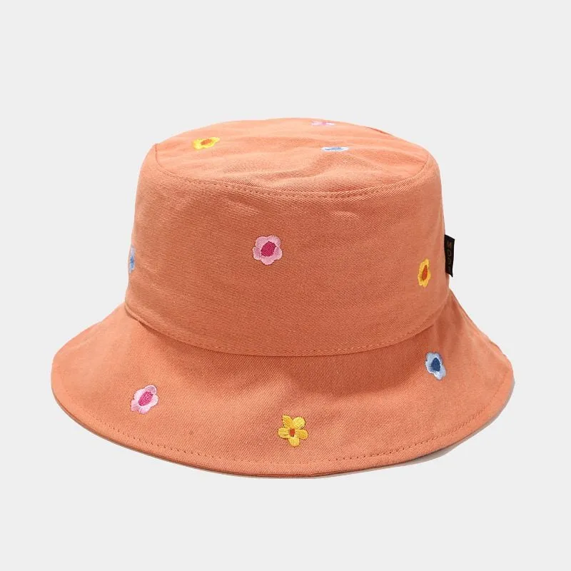 Fun Summer Flower Embroidery Outdoor Travel Bucket Hats