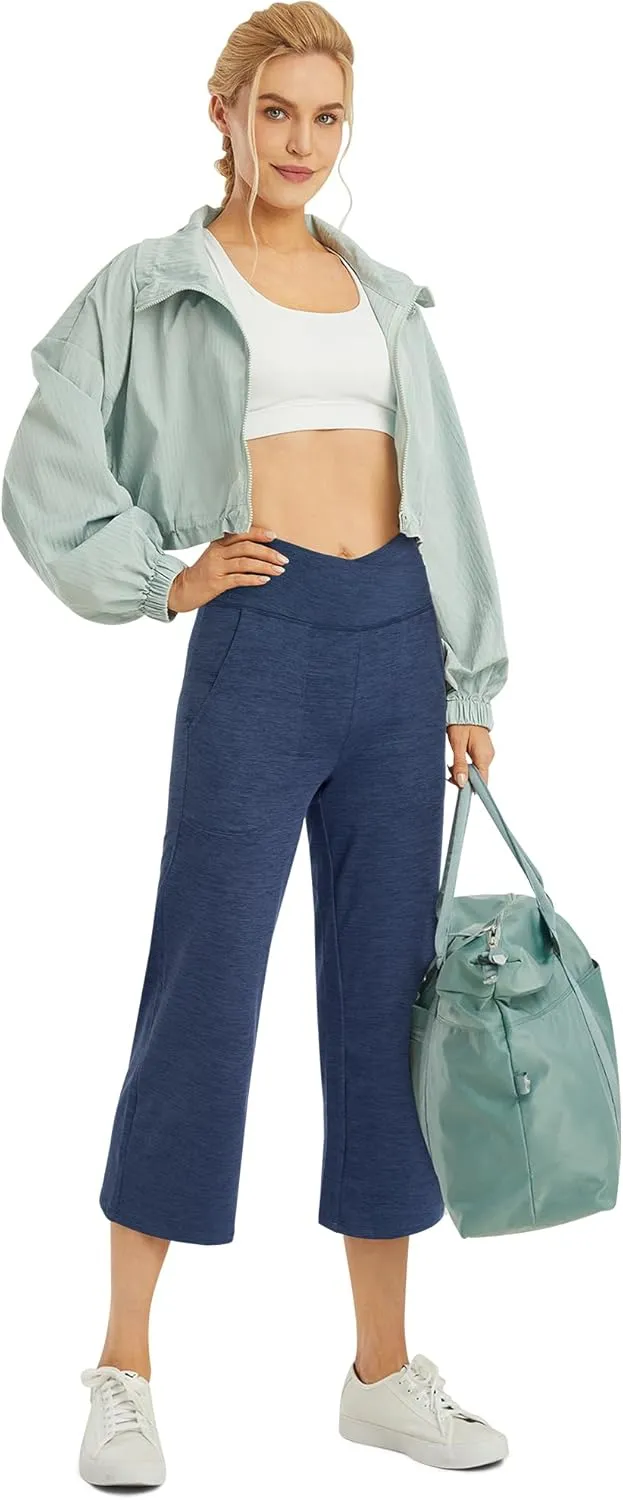 G4Free Capri Pants for Women Wide Leg Yoga Dress Capris with Pockets Cross Loose Casual Work Crop Pants