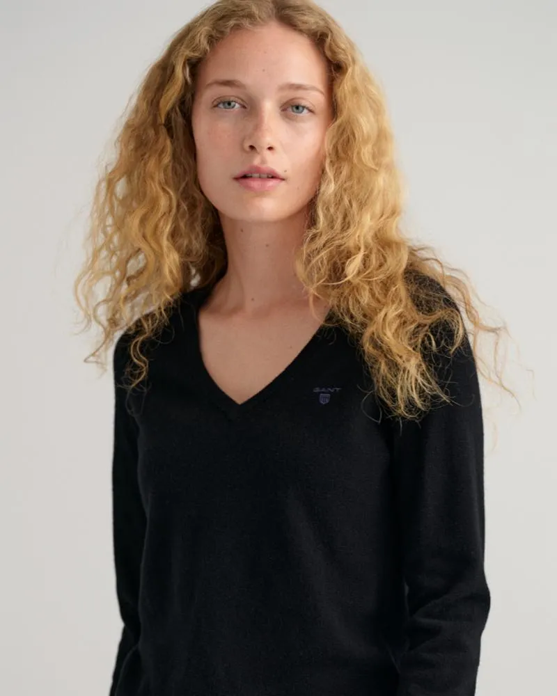 Gant Apparel Womens MD. EXTRAFINE LAMBSWOOL V-NECK 5/BLACK