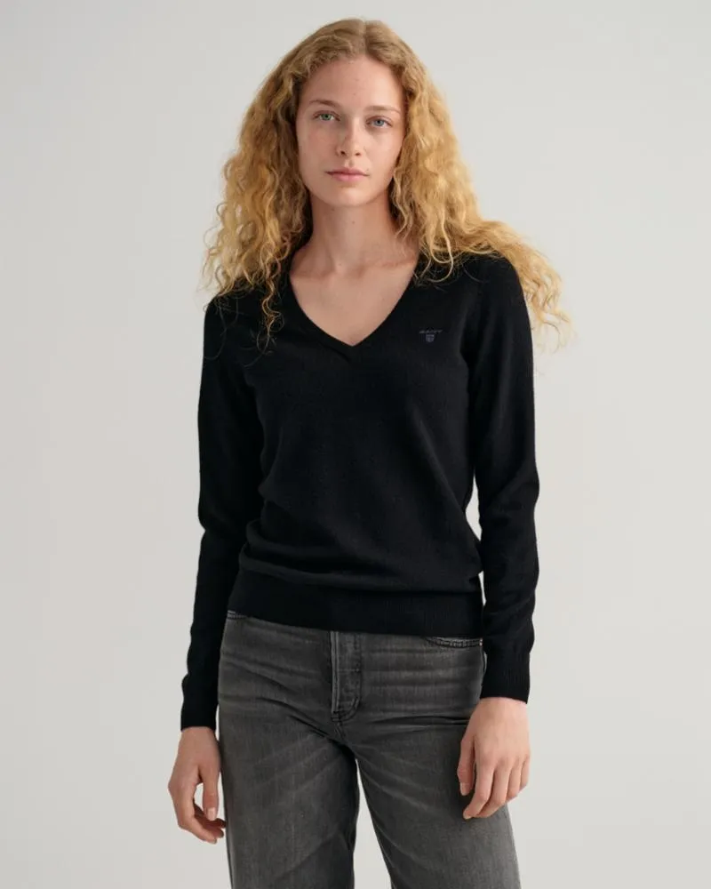 Gant Apparel Womens MD. EXTRAFINE LAMBSWOOL V-NECK 5/BLACK