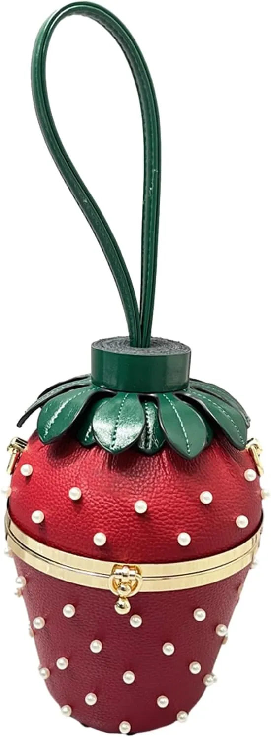 Generic Evening Bag Strawberry Shaped Clutch Handbag Tote with Faux Pearl Decoration Party Wedding Shoulder Bag for Women Girl, R, 5.90x5.90x8.66in