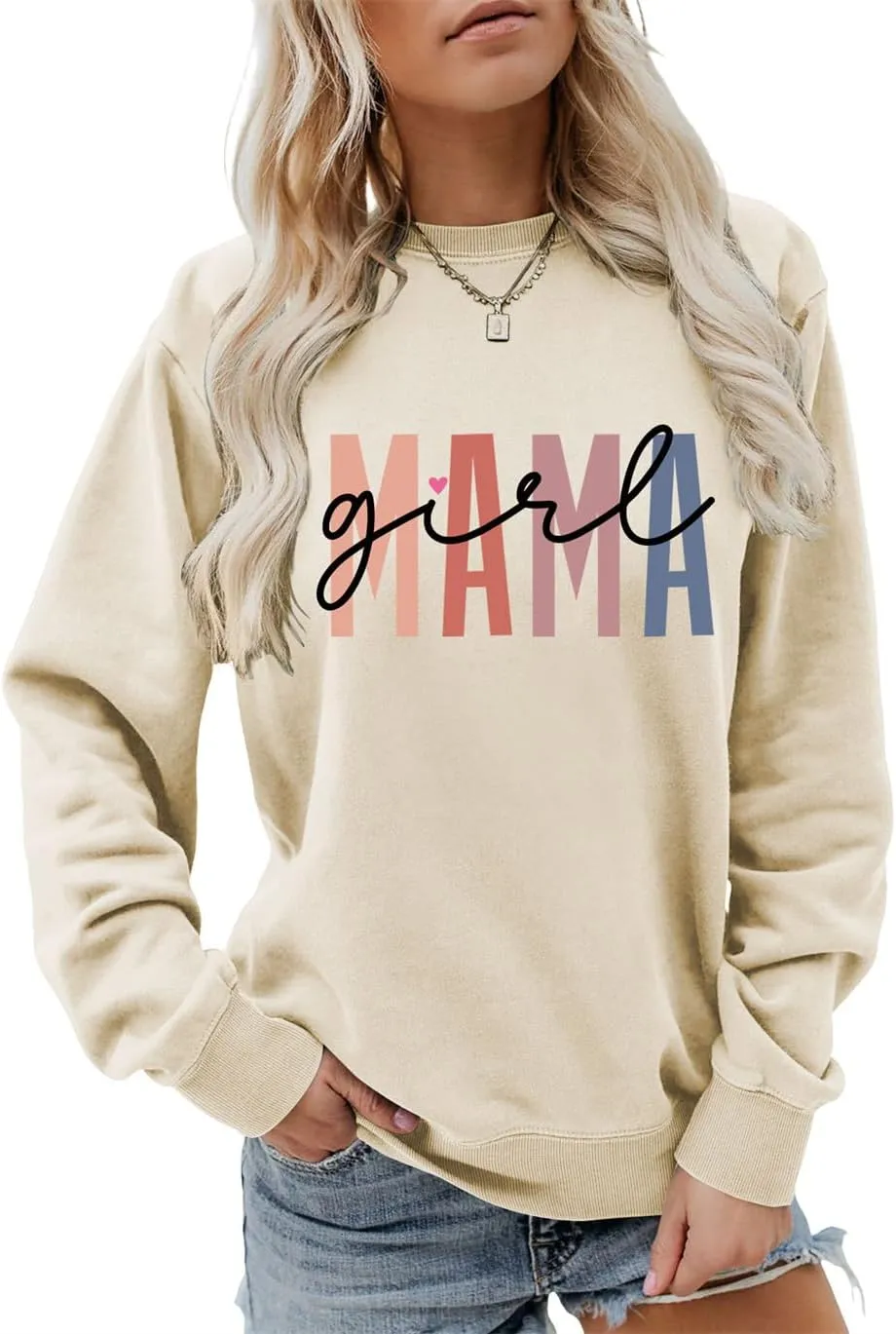 Girl Mama Sweatshirt for Womens Funny Letter Graphic Print Sweater Casual Crewneck Funny Mom Pullover Tops