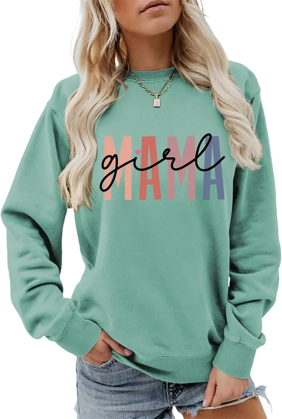 Girl Mama Sweatshirt for Womens Funny Letter Graphic Print Sweater Casual Crewneck Funny Mom Pullover Tops