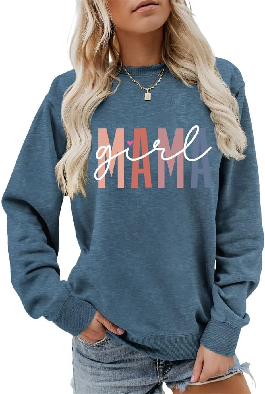 Girl Mama Sweatshirt for Womens Funny Letter Graphic Print Sweater Casual Crewneck Funny Mom Pullover Tops