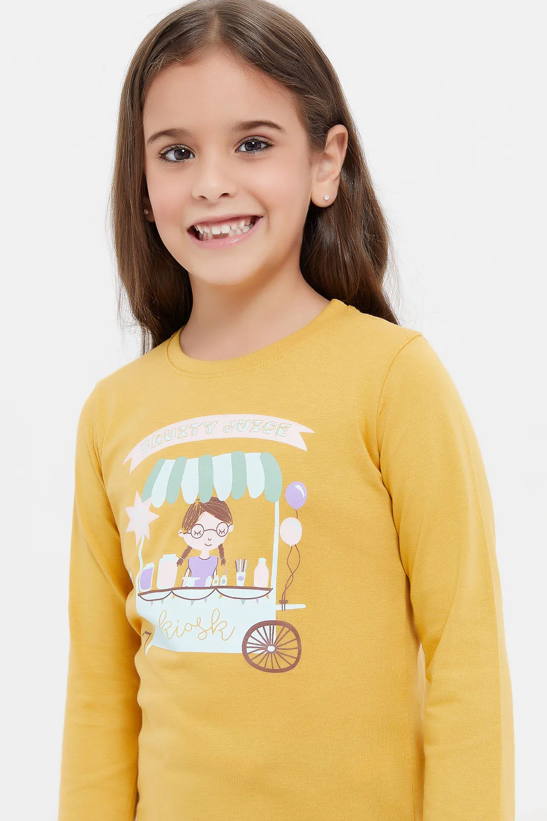 Girls Mustard Printed T-Shirt