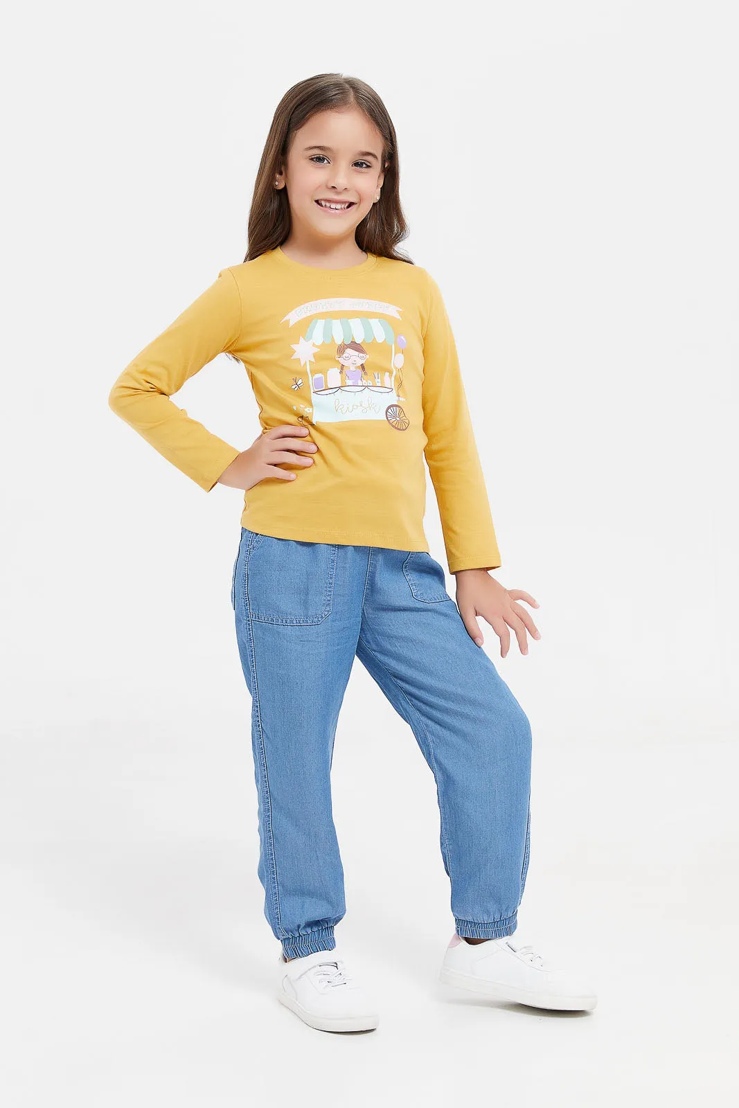 Girls Mustard Printed T-Shirt