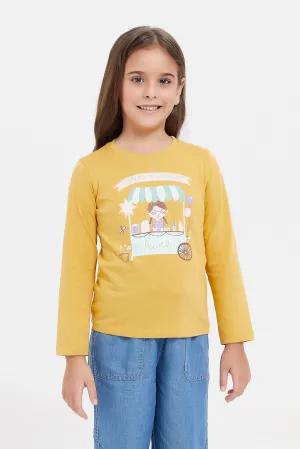 Girls Mustard Printed T-Shirt