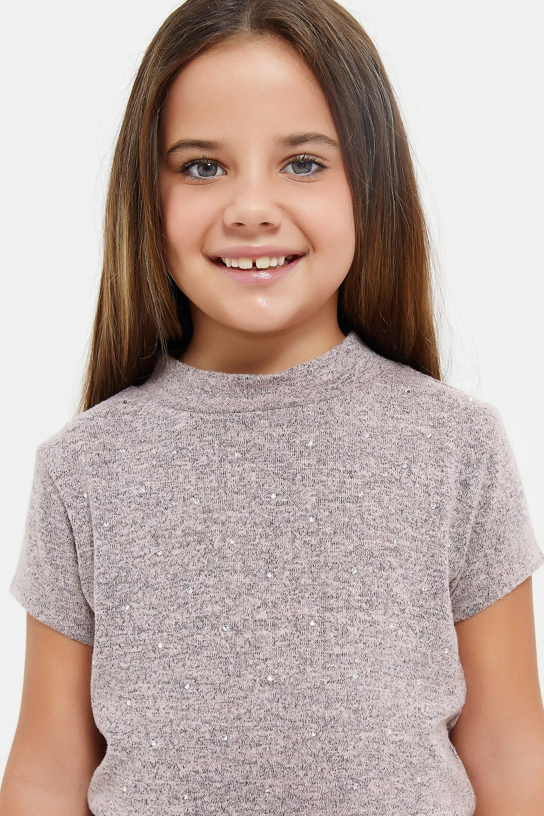 Girls Pink Embellished T-Shirt With Studs At Front