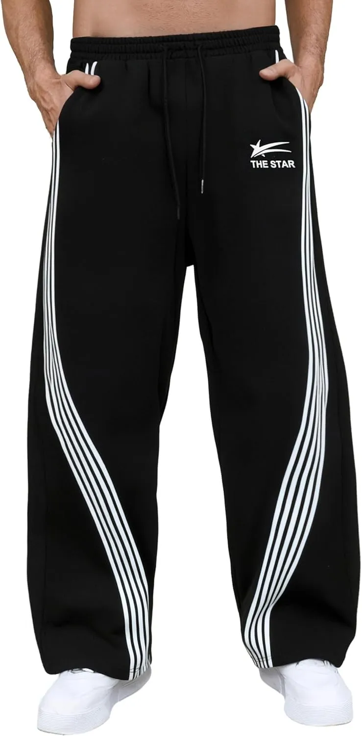 GORGLITTER Men's Wide Leg Baggy Sweatpants Y2k Striped Side Drawstring Waist Track Pants with Pockets