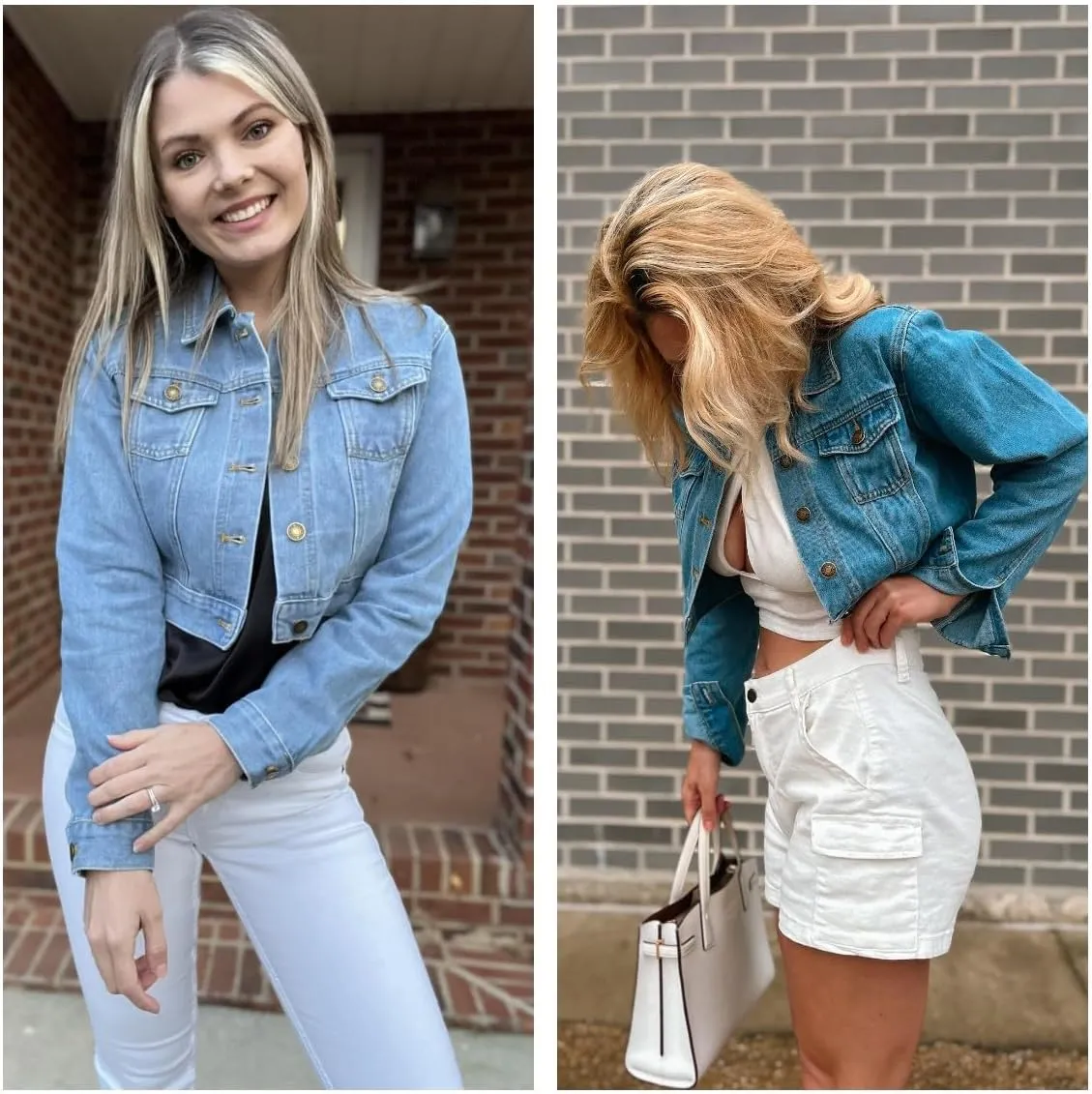 Grabsa Women's Button Down Long Sleeve Cropped Denim Jean Jacket with Pockets