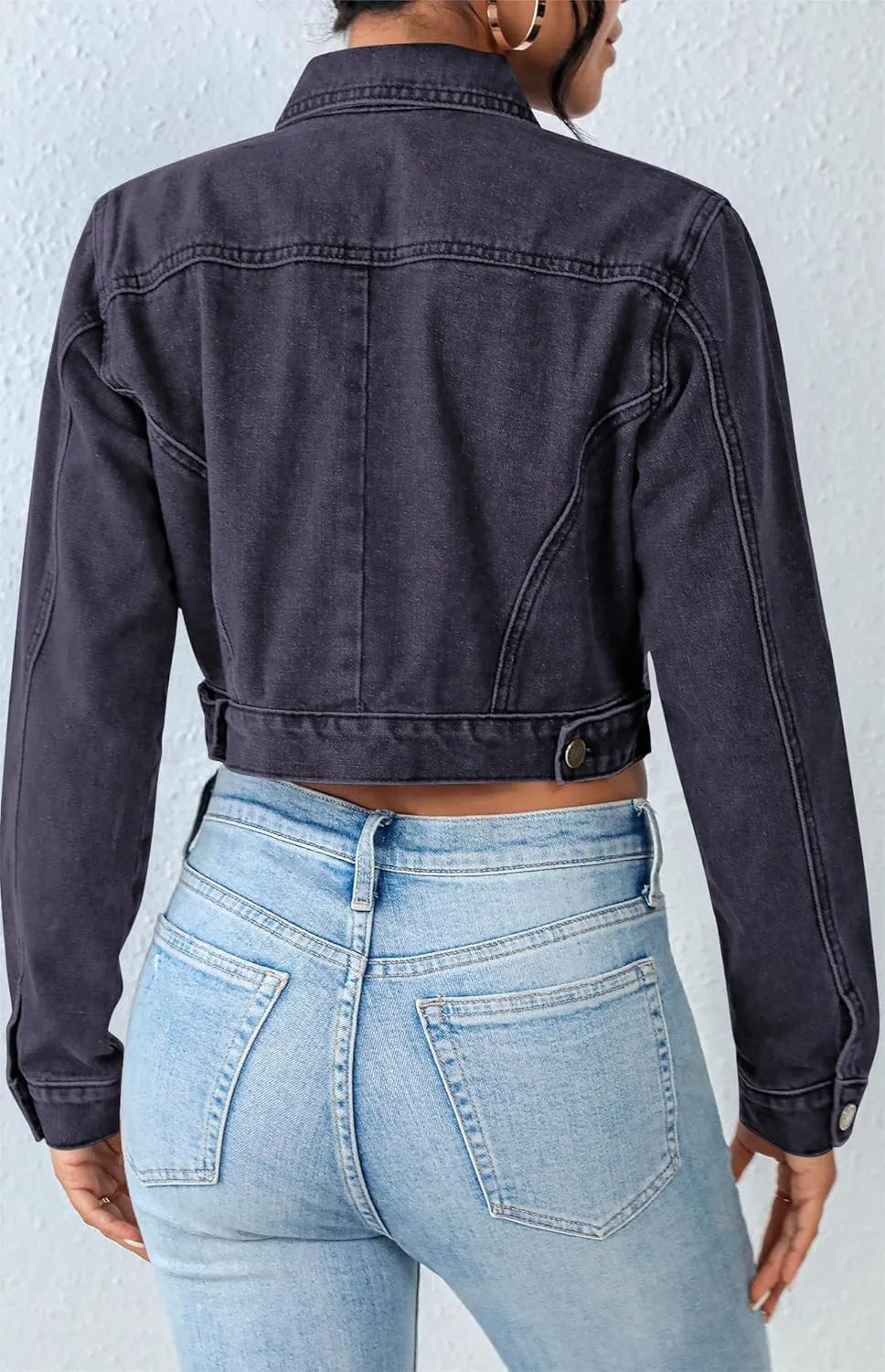 Grabsa Women's Button Down Long Sleeve Cropped Denim Jean Jacket with Pockets