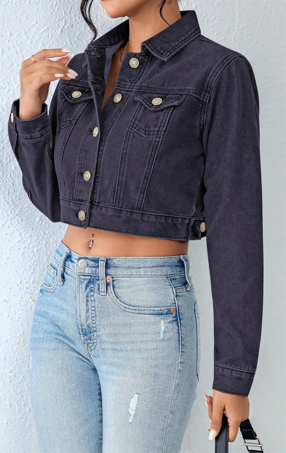Grabsa Women's Button Down Long Sleeve Cropped Denim Jean Jacket with Pockets