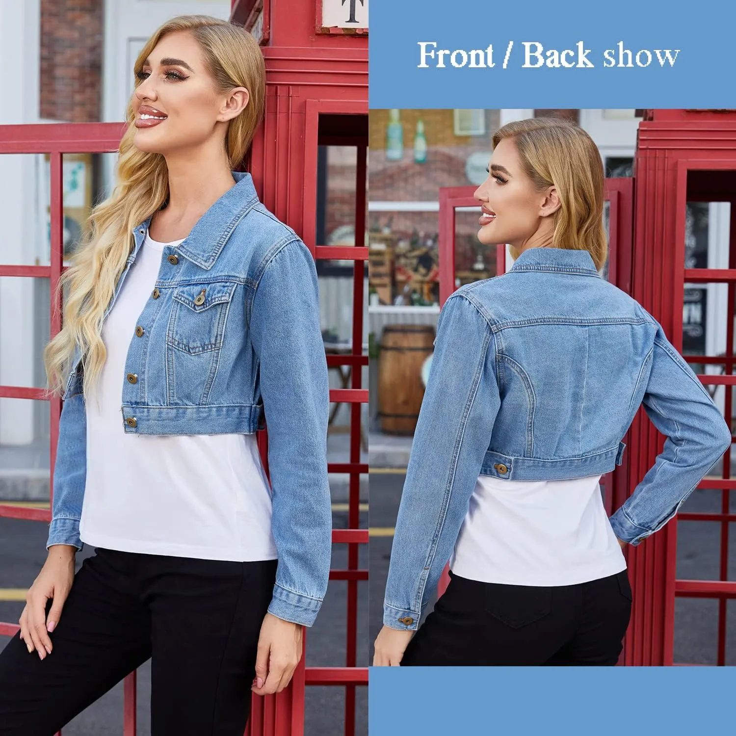 Grabsa Women's Button Down Long Sleeve Cropped Denim Jean Jacket with Pockets