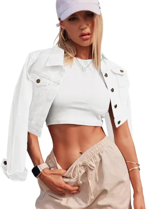 Grabsa Women's Button Down Long Sleeve Cropped Denim Jean Jacket with Pockets