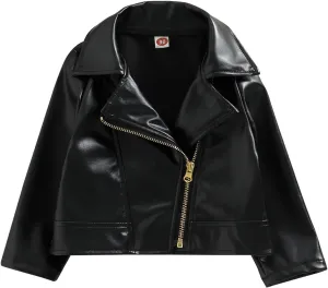 Gueuusu Toddler Kids Baby Boy Girl Faux Leather Jackets Long Sleeve Lapel Zip Up Moto Biker Coat Jackets Spirng Fall Outwear