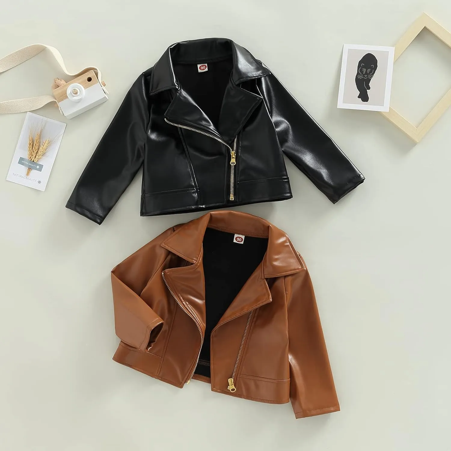 Gueuusu Toddler Kids Baby Boy Girl Faux Leather Jackets Long Sleeve Lapel Zip Up Moto Biker Coat Jackets Spirng Fall Outwear