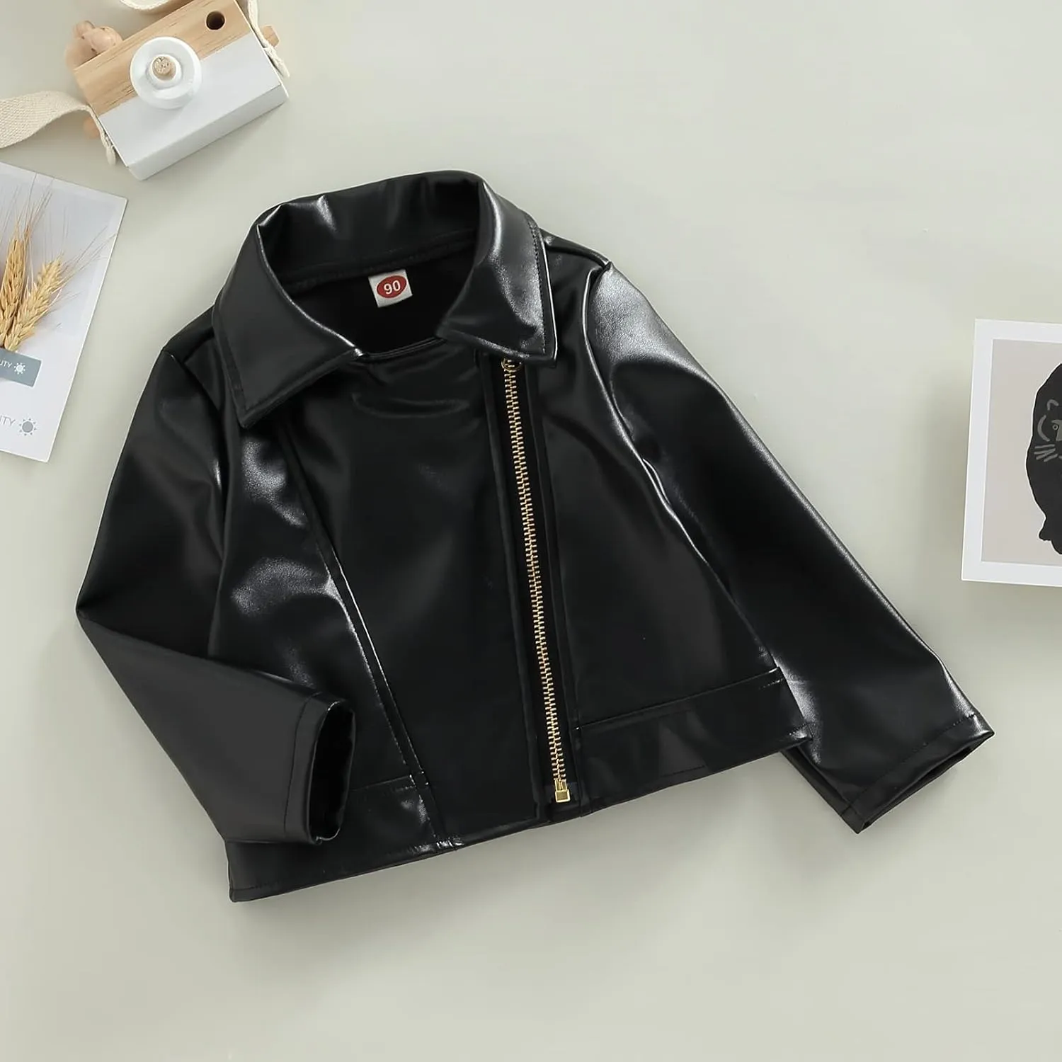 Gueuusu Toddler Kids Baby Boy Girl Faux Leather Jackets Long Sleeve Lapel Zip Up Moto Biker Coat Jackets Spirng Fall Outwear