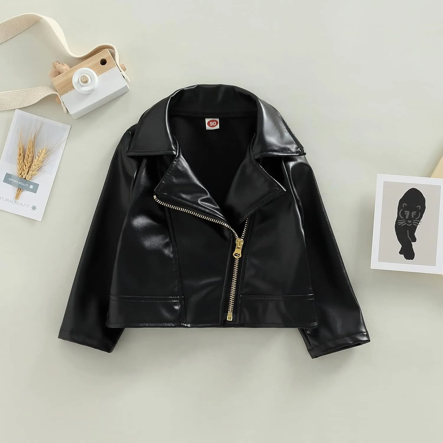 Gueuusu Toddler Kids Baby Boy Girl Faux Leather Jackets Long Sleeve Lapel Zip Up Moto Biker Coat Jackets Spirng Fall Outwear