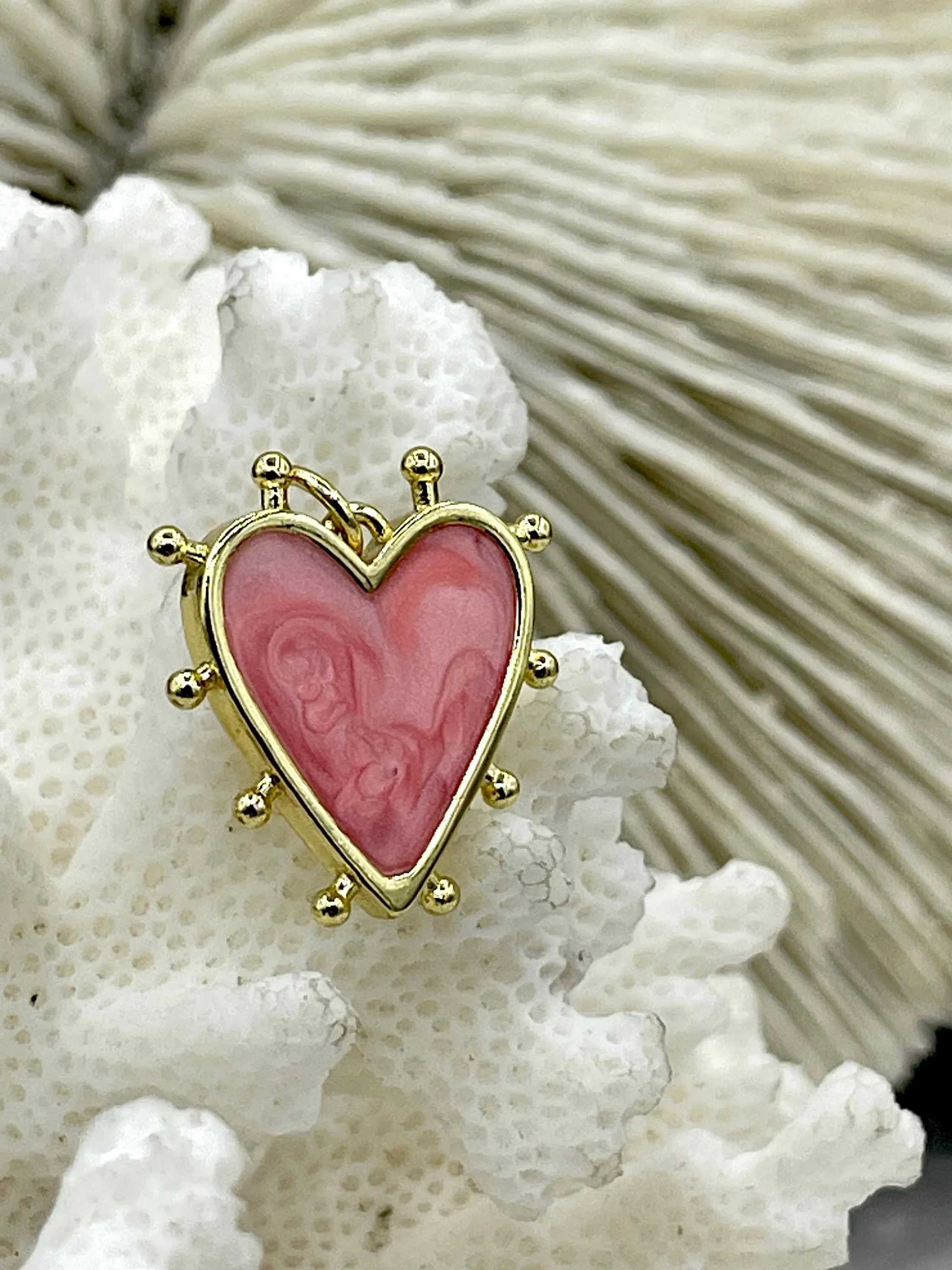 Heart Shaped Enamel and Gold Spike Pendants, Enamel and Gold Plated Brass, 3 Colors, Pink, Blue, or White, 20mm x 18mm x 2.5mm. Fast Ship.