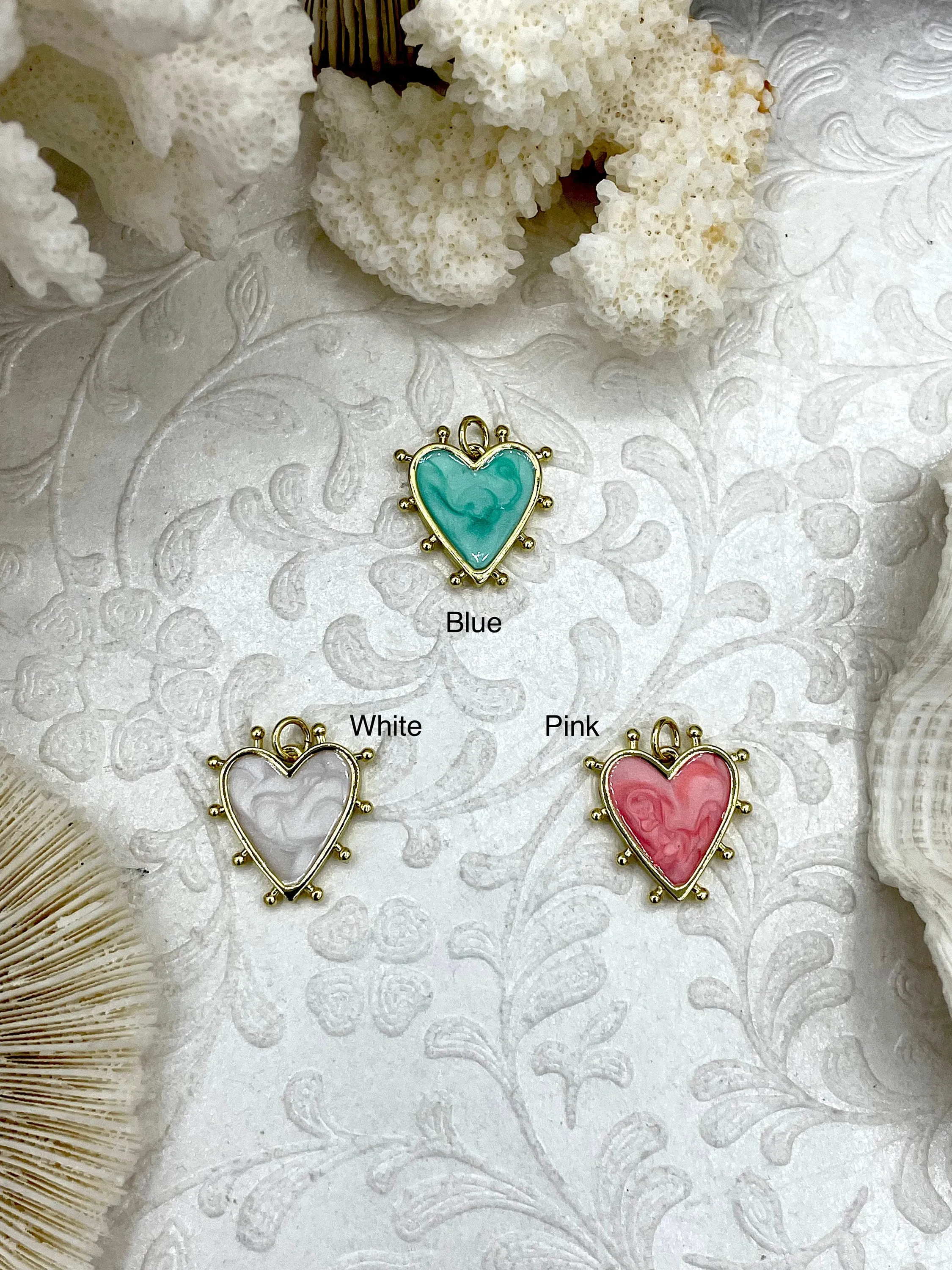 Heart Shaped Enamel and Gold Spike Pendants, Enamel and Gold Plated Brass, 3 Colors, Pink, Blue, or White, 20mm x 18mm x 2.5mm. Fast Ship.