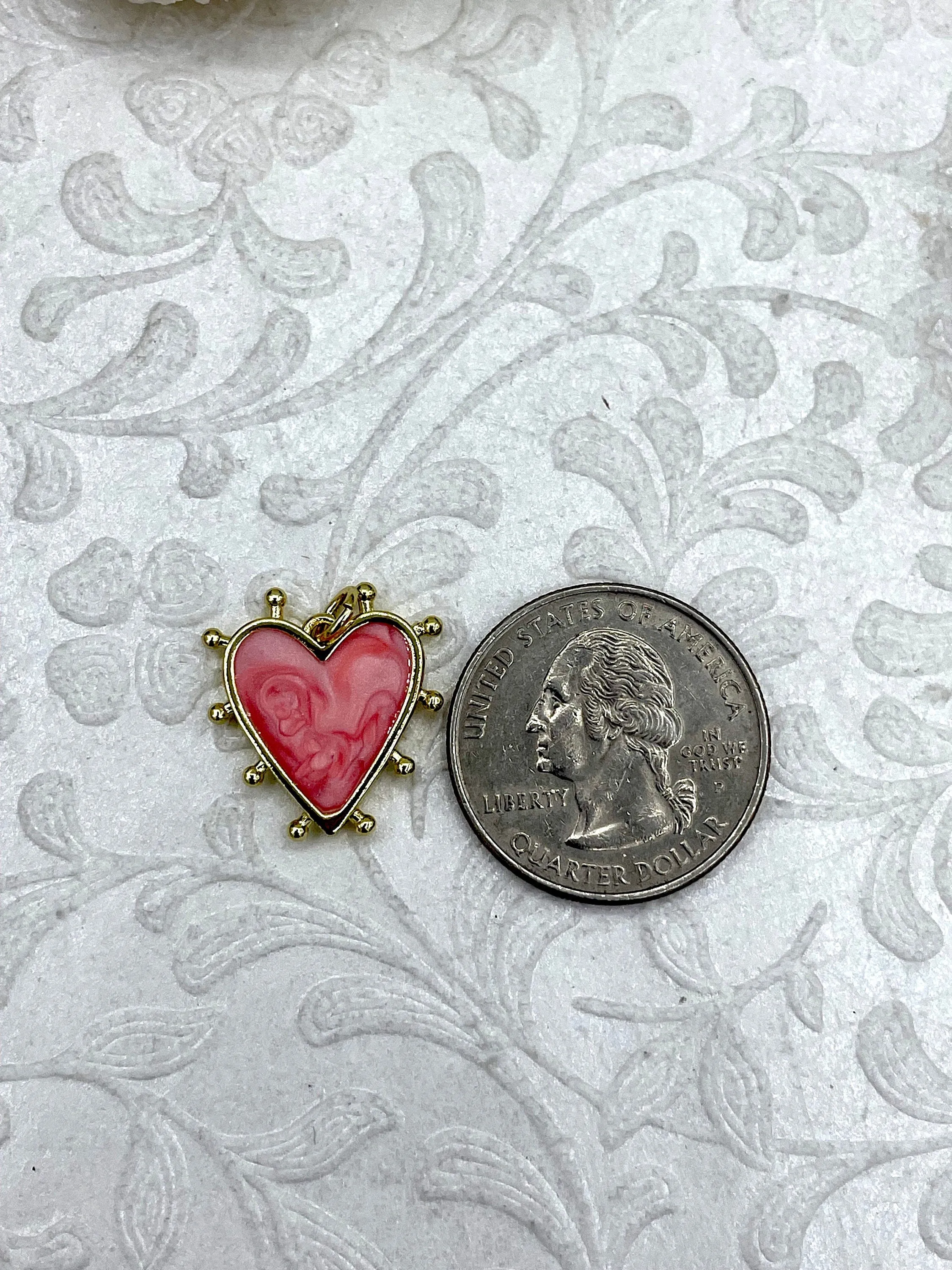 Heart Shaped Enamel and Gold Spike Pendants, Enamel and Gold Plated Brass, 3 Colors, Pink, Blue, or White, 20mm x 18mm x 2.5mm. Fast Ship.