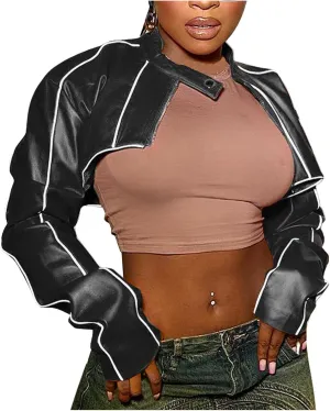 HGps8w Women's Super-Short Faux Leather Varsity Jacket Sexy Motorcycle Racer Cropped Baseball Coats Streetwear