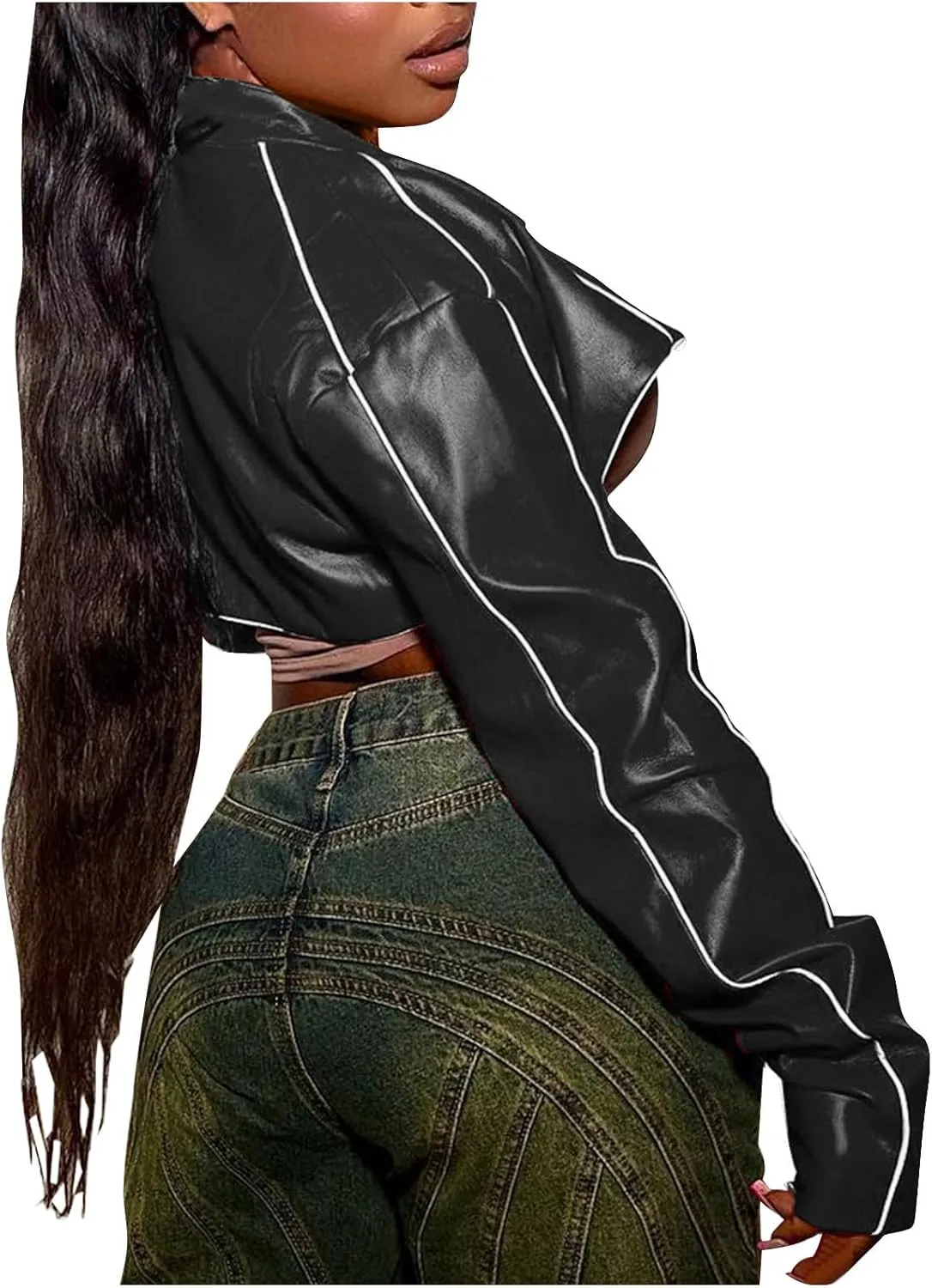 HGps8w Women's Super-Short Faux Leather Varsity Jacket Sexy Motorcycle Racer Cropped Baseball Coats Streetwear