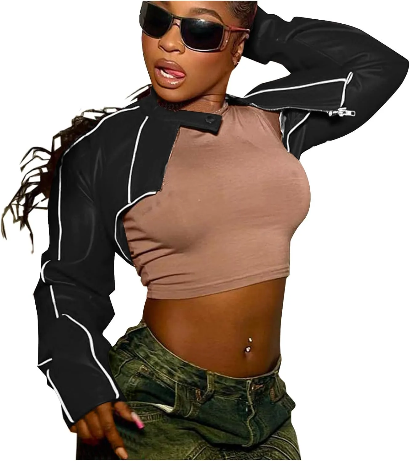HGps8w Women's Super-Short Faux Leather Varsity Jacket Sexy Motorcycle Racer Cropped Baseball Coats Streetwear