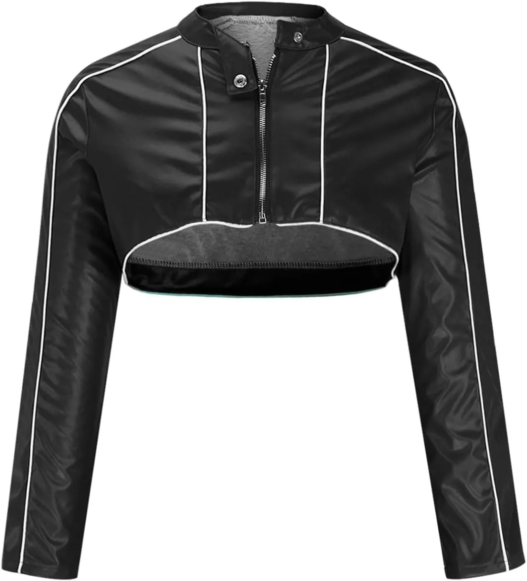 HGps8w Women's Super-Short Faux Leather Varsity Jacket Sexy Motorcycle Racer Cropped Baseball Coats Streetwear