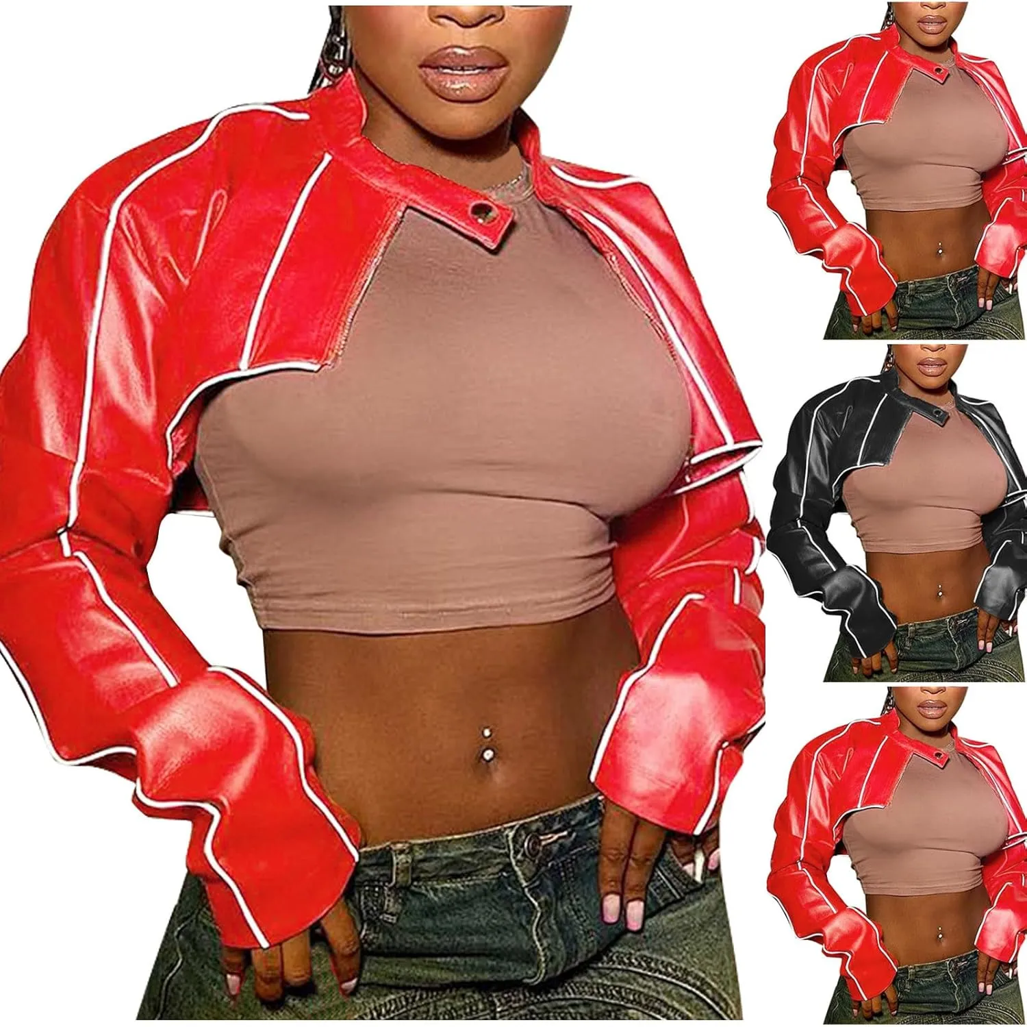 HGps8w Women's Super-Short Faux Leather Varsity Jacket Sexy Motorcycle Racer Cropped Baseball Coats Streetwear