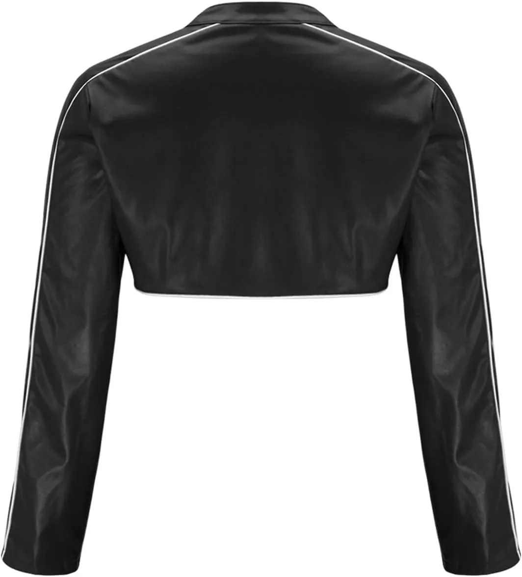 HGps8w Women's Super-Short Faux Leather Varsity Jacket Sexy Motorcycle Racer Cropped Baseball Coats Streetwear