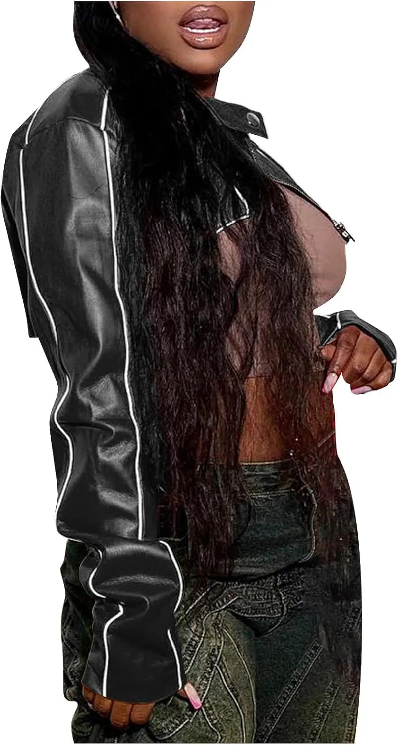 HGps8w Women's Super-Short Faux Leather Varsity Jacket Sexy Motorcycle Racer Cropped Baseball Coats Streetwear