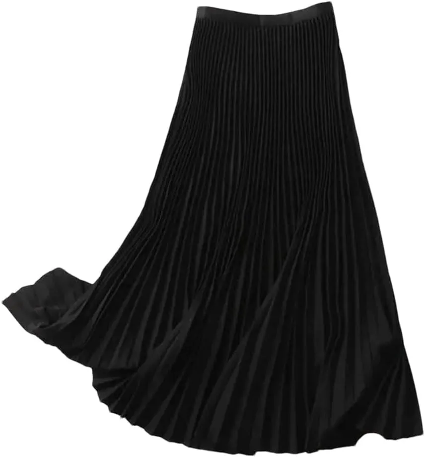 Hgvcfcv Long Pleated Skirts for Women Spring Fall Elastic Band A Line Elegant Office Ladies Midi Skirt