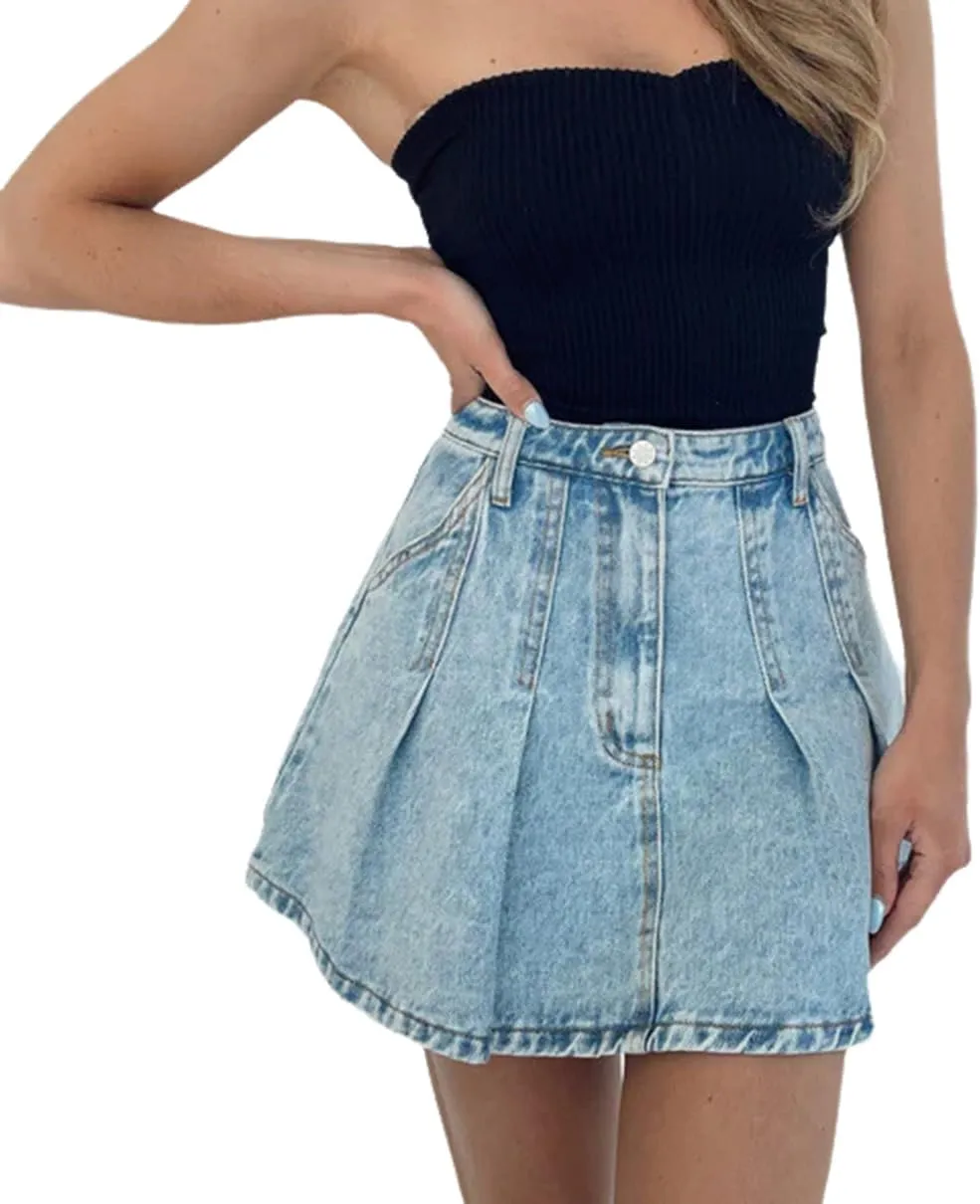 High Waisted Jean Skirt for Women Trendy Stretch Fit Pleated Skirt Casual Distressed Summer Mini Denim Skirt