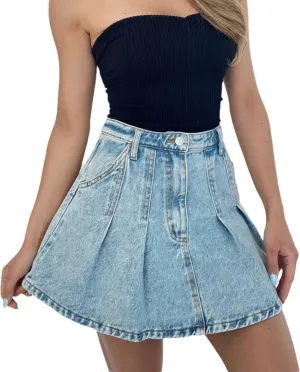 High Waisted Jean Skirt for Women Trendy Stretch Fit Pleated Skirt Casual Distressed Summer Mini Denim Skirt